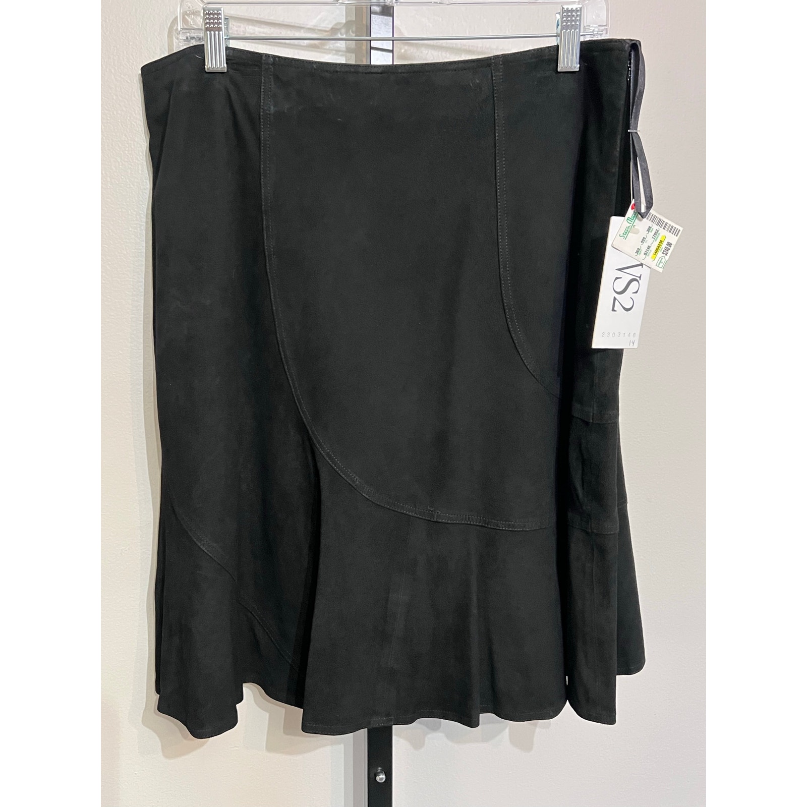 Vs2 Black Goat Suede Flounce Midi Skirt Nwt Size 14 Genuine Leather